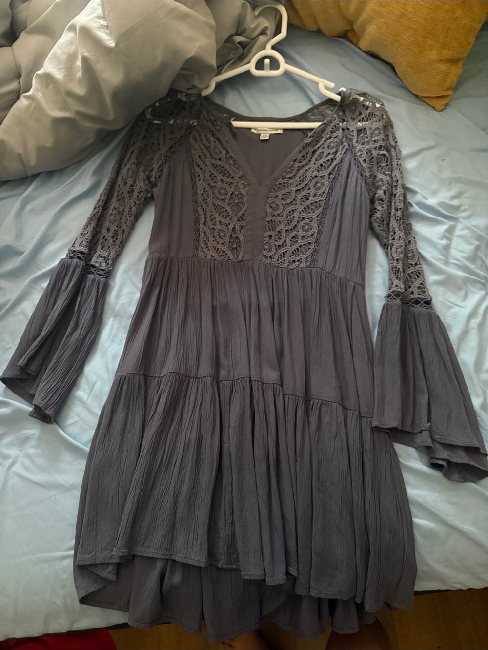 American Eagle Outfitters Lace Yoke Tiered Long Sleeve Dress in Charcoal